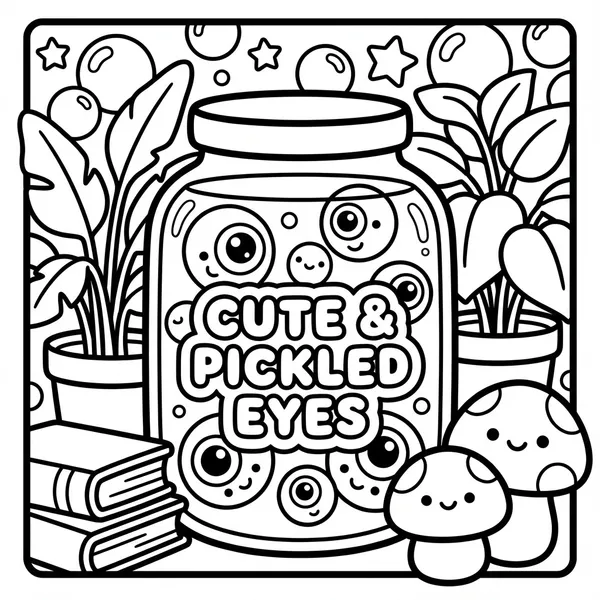 Cute pickled eyes jar with mushrooms.