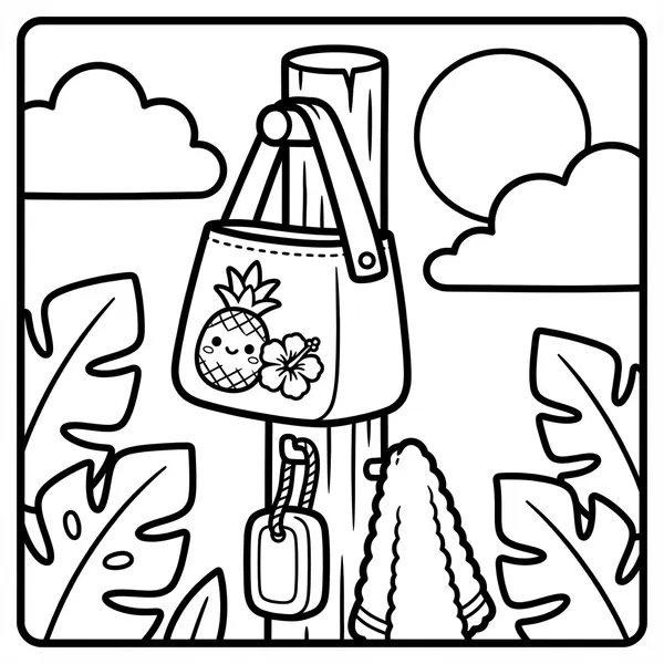 Black and white line art of a tote bag hanging on a wooden post, featuring a cute face, a pineapple, and a hibiscus flower design, surrounded by clouds, sun, cactus, and large tropical leaves.