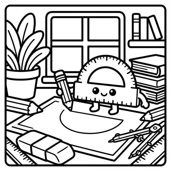A happy protractor character with feet holding a pencil to draw on paper, surrounded by a geometry compass, eraser, books, and house plant.