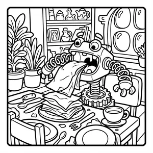 Cute robot monster with spring arms and gear base eating paper napkins from a dinner plate at a dining table.