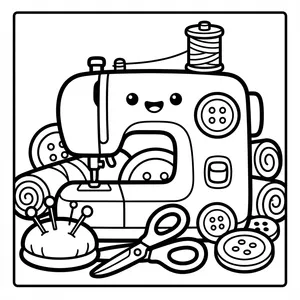 A cheerful sewing machine character surrounded by spools of thread, pincushion, scissors, fabric bolts, and buttons.
