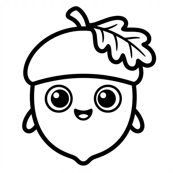 Cute smiling acorn character with big shiny eyes and a small oak leaf cap line art coloring page.