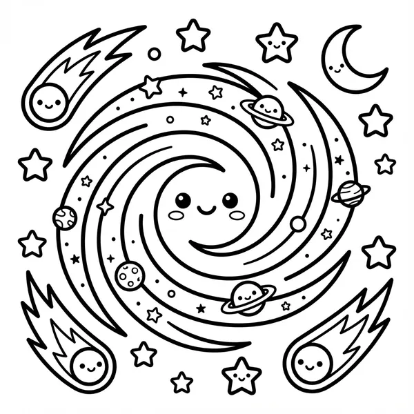 A cheerful spiral galaxy swirl with a cute face, surrounded by smiling shooting stars, ringed planets, stars, and a crescent moon.