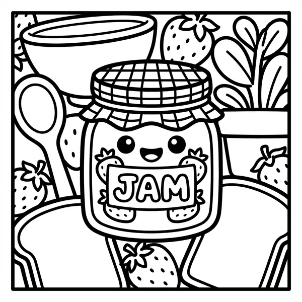 A happy kawaii strawberry jam jar with a checkered lid, surrounded by fresh strawberries, slices of bread, a spoon, mixing bowl, and potted plant.