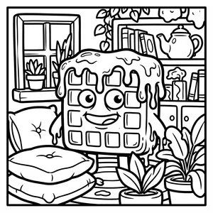 Smiling square waffle monster dripping with sweet syrup sitting on a stool beside soft cushions and houseplants.