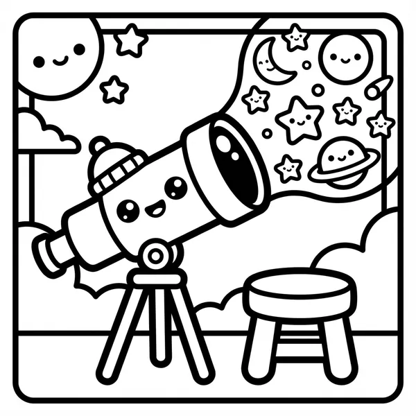 A happy telescope wearing a knit beanie on a tripod, projecting cute smiling stars, planets, and moons into the night sky.