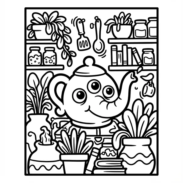 Cute three-eyed elephant-trunk teapot monster pouring tea into a floating teacup surrounded by potted plants and shelves of jars.