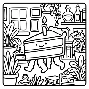 Smiling layer cake slice monster with a lit candle top walking on furry legs inside a room filled with potted plants and potion bottles.