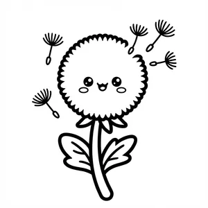 Cute smiling dandelion flower head with fluffy seeds blowing away in the gentle breeze line art coloring page.