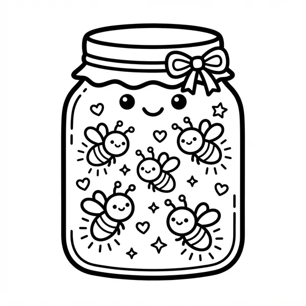 Cute smiling glass mason jar with a ribbon bow filled with happy glowing fireflies and floating hearts line art coloring page.