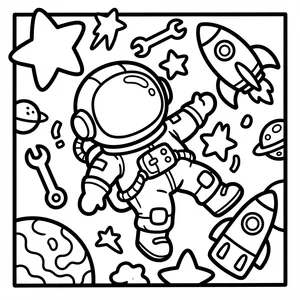 A chibi astronaut in a detailed space suit floating in outer space among shooting stars, rockets, planet rings, and floating tools like wrenches.