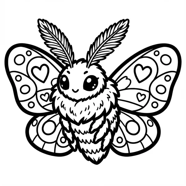 Cute fluffy moth character with feathery antennae and heart pattern wings line art coloring page.