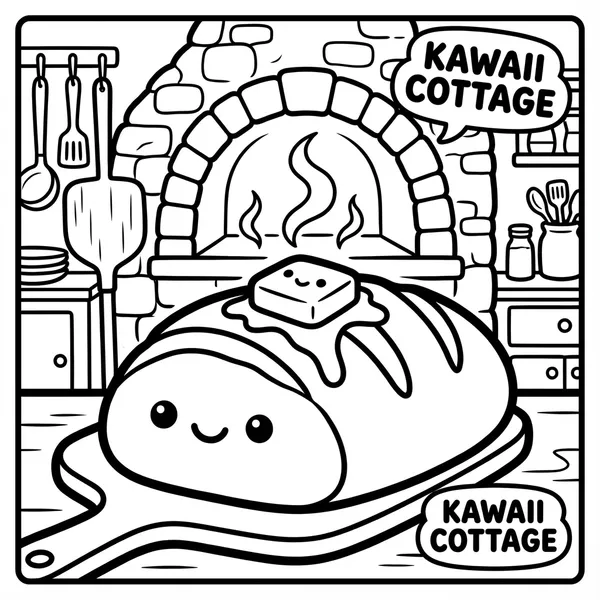 Cute smiling loaf of freshly baked bread with melting butter on a cutting board in front of a rustic stone brick oven line art coloring page.