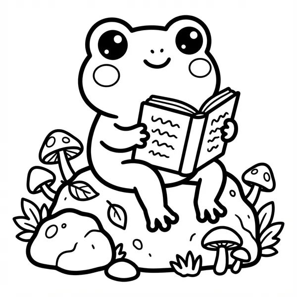 Cute smiling green frog sitting on a garden boulder reading an open storybook surrounded by little mushrooms line art coloring page.