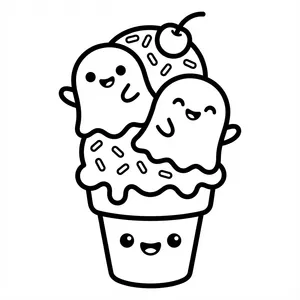 Ghost Ice Cream Coloring Page Ice cream cone with cute ghost scoops.