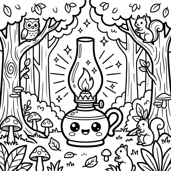 Cute glowing vintage oil kerosene lantern in a magical forest filled with squirrels, owl in a tree, and wild mushrooms line art coloring page.