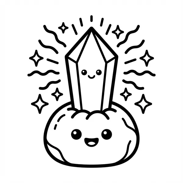 Cute smiling crystal mineral sitting on a friendly rock emitting glowing sparkle energy rays line art coloring page.