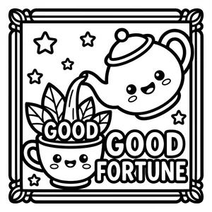Good Fortune Teapot Coloring Page Teapot pouring good fortune into a cup.
