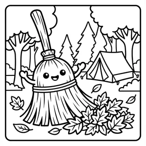 A broom with a happy face and raised arms sweeping a pile of autumn leaves, set in a forest with a tent and trees in the background.