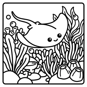 Happy Manta Ray Coloring Page Happy manta ray swimming above seagrass and coral, with bubbles, inside a rounded square frame.