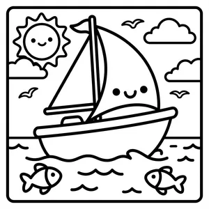 Happy Sailboat Coloring Page Cute sailboat on the ocean, inside a rounded square frame.
