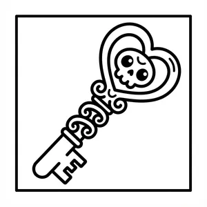 Ornate key with a heart and cute face, designed as easy color-in pages wide lines.