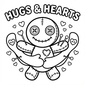 Voodoo doll giving hugs with hearts.
