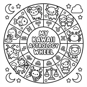 A circular astrology wheel titled "MY KAWAII ASTROLOGY WHEEL" with cute kawaii characters for all 12 zodiac signs and their corresponding astrological symbols, surrounded by moons and stars.