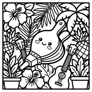 A large banana with a cute face and rosy cheeks wearing a black harness, surrounded by hibiscus flowers, pineapples, potted plants, and guitars.