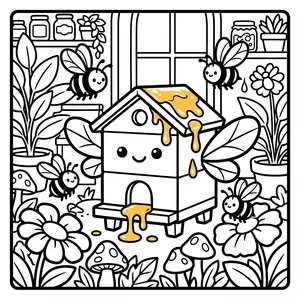 Cute wooden beehive box with dripping honey, surrounded by friendly honeybees, flowers, and mushrooms.