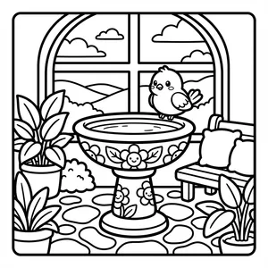 Cute little bird sitting on a floral birdbath with potted plants, garden bench, and arch window view.