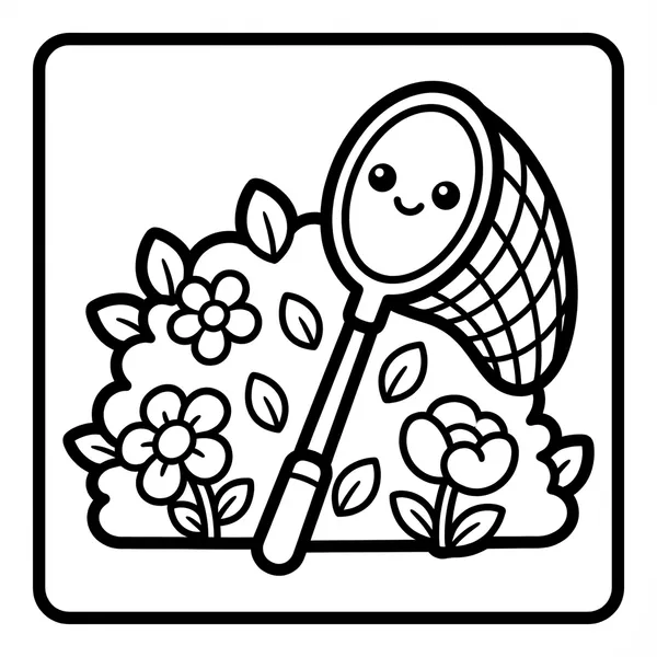 Cute smiling butterfly net character standing by a flower bush.