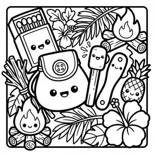 Cute camping items including a matchbox, a pouch with a button, marshmallows on sticks, smiling campfires, logs, a pineapple, and tropical leaves all arranged in a kawaii style.
