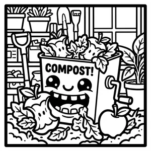 Cute smiling compost bin overflowing with organic apple cores and leaves in a potting shed.