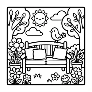 Cute wooden bench with plush cushions in a flower garden, with a little bird perched on top.