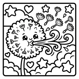 Cute smiling dandelion puff blowing seed parachutes with cute faces into the sky among floating hearts and stars.