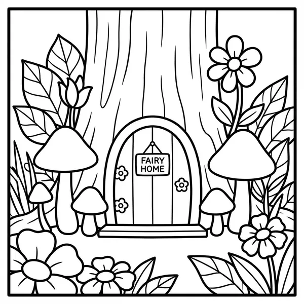 Miniature wooden fairy door built into a tree trunk with a sign reading FAIRY HOME surrounded by mushrooms.