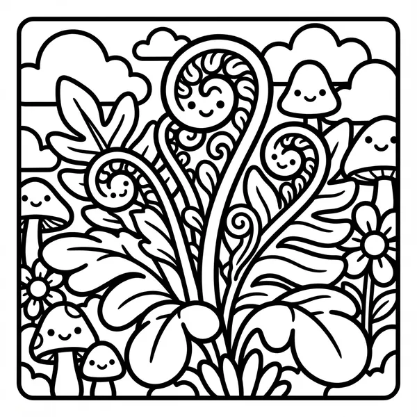 Cute smiling fern fiddleheads uncurling upward in an enchanted woodland garden with mushrooms.