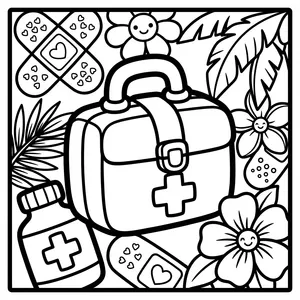 A medical bag with a cross symbol and a happy face, surrounded by smiling band-aids, a medicine bottle, and smiling flowers.