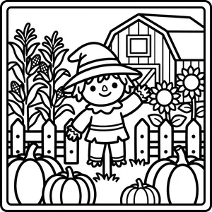 Cute kawaii scarecrow waving in front of a red barn, corn stalk garden, large pumpkins, and sunflowers.