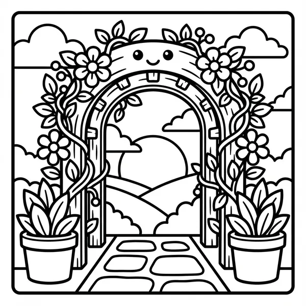 Cute smiling garden archway decorated with flowering vines along a stone path looking out toward a setting sun.