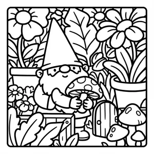 Cute garden gnome with pointed hat holding a spotted mushroom in a flower garden with a fairy door.
