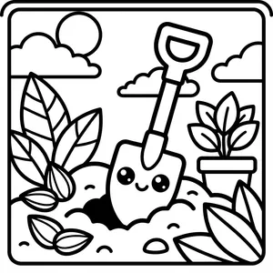 Smiling hand shovel character digging a planting hole in fresh garden soil next to potted seedlings.