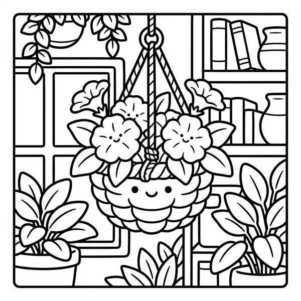 Cute smiling hanging woven flower basket blooming with petunias in front of a window and bookshelf.