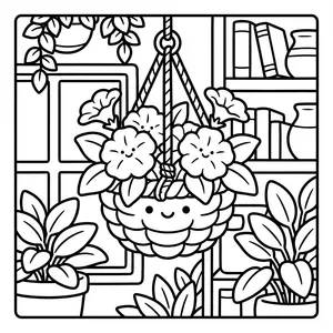 Cute smiling hanging woven flower basket blooming with petunias in front of a window and bookshelf.