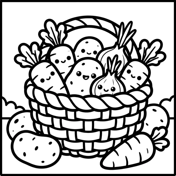 Cute woven wicker basket overflowing with smiling carrots, potatoes, and onions harvested from the garden.