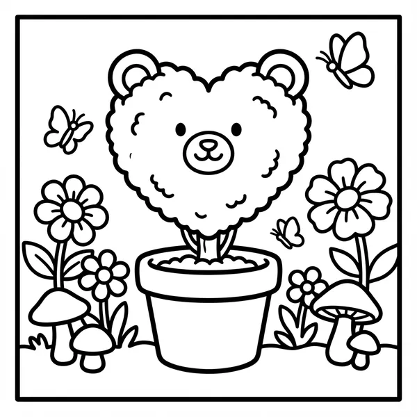 Cute heart-shaped teddy bear topiary bush growing in a flowerpot surrounded by butterflies and mushrooms.