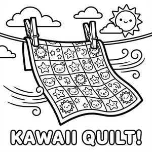 Patterned patchwork quilt with suns, stars, bears, and bunnies drying on a clothesline in the wind line art coloring page.