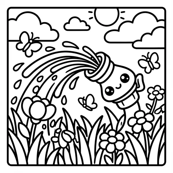 Cute garden water pitcher pouring a splashing stream of water onto grass and flowers with flying butterflies.