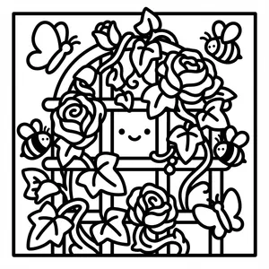 Charming garden trellis overgrown with blooming roses and climbing ivy, with cute honeybees and butterflies flying around.